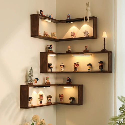 🪵 L-Shaped Corner Floating Wall Shelves with LED Lights