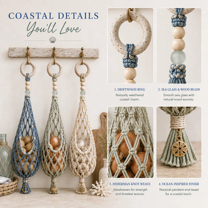 🌊 Coastal Hanging Produce Storage – Handwoven Breathable Organizer with Easy Side Access