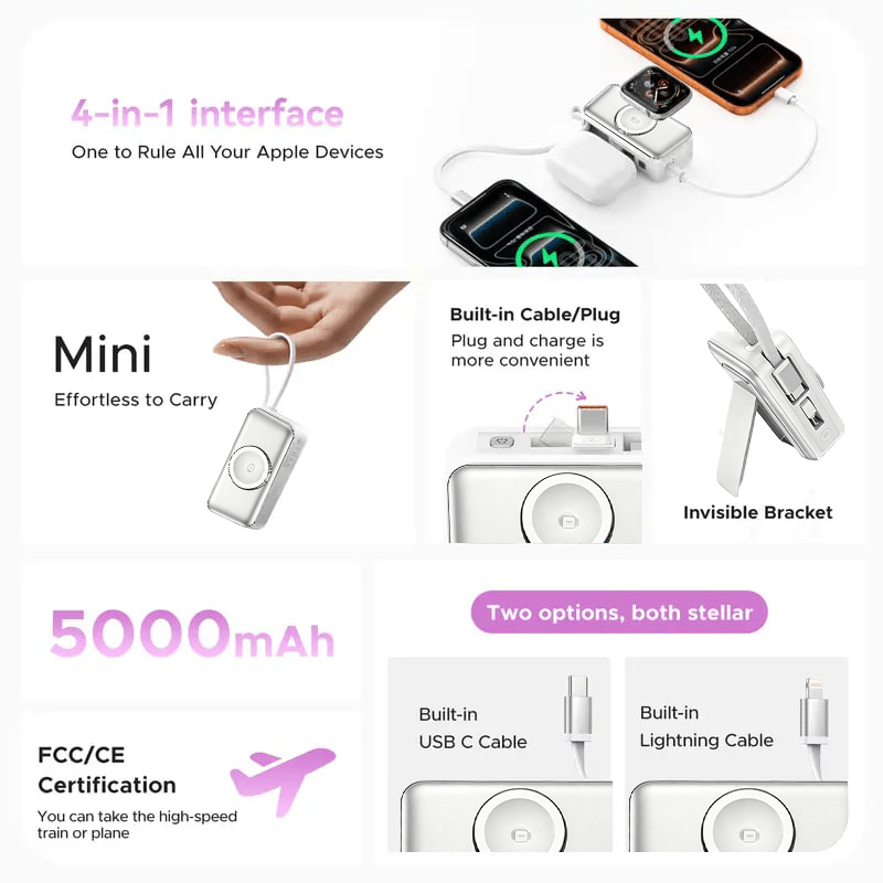 🔋 Orico 3-in-1 Power Bank – Integrated Cable & Foldable Wall Plug – Wireless Watch Charger for iPhone & Android ✈️