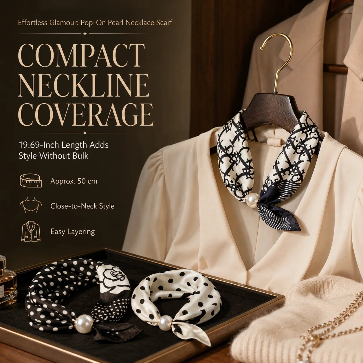 📍🧣 Effortless Glamour: Pop-On Pearl Necklace Scarf ✨