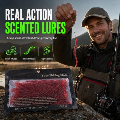 📍Simulation Earthworm Soft Fishing Lures Shrimp Scented Artificial Worm Baits for Freshwater and Saltwater Pack of 50 or 100
