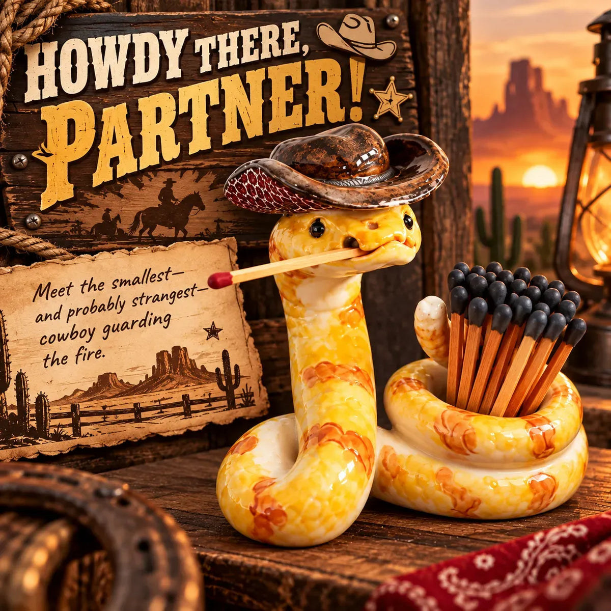 🤠 The Cowboy Rattler™ Match Holder | Funny Western Snake Décor for Cabins, Mantels & Bars 🐍
