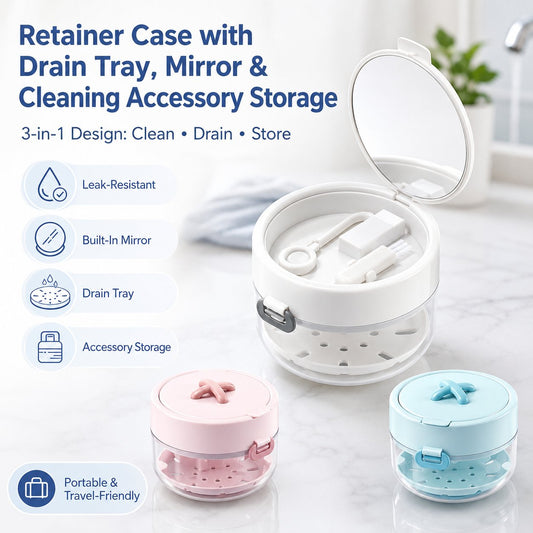 🦷✨3-in-1 Retainer Cleaning & Storage Case – Portable Leak-Resistant Soak Box with Drain Tray, Mirror & Cleaning Brush