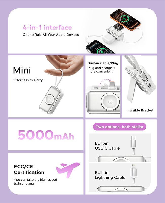 🔋 Orico 3-in-1 Power Bank – Integrated Cable & Foldable Wall Plug – Wireless Watch Charger for iPhone & Android ✈️