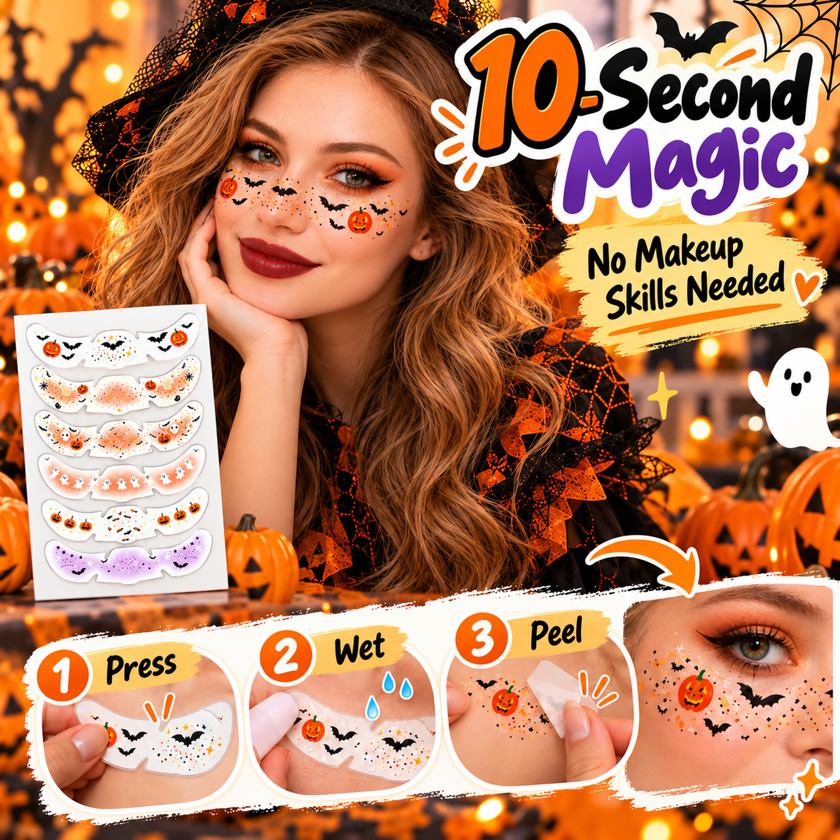 🕷️ 6-Pack Halloween Temporary Freckles & Bat Face Decals