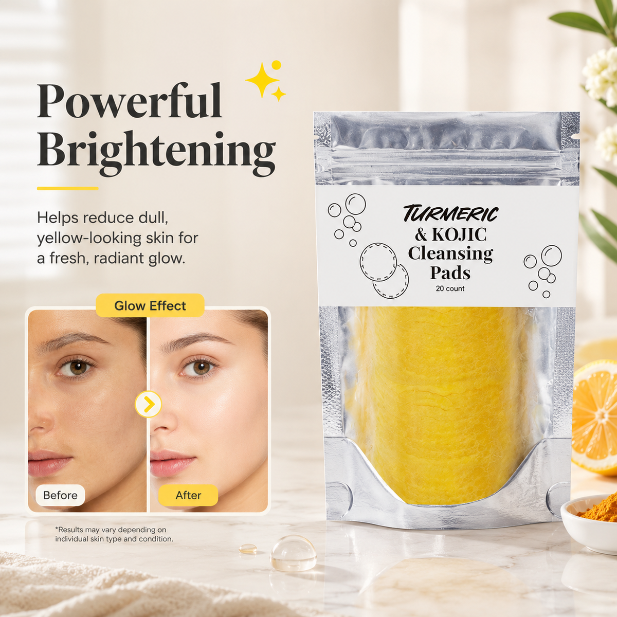 🌿 Natural Turmeric & Kojic Acid Gentle Face Cleansing Pads