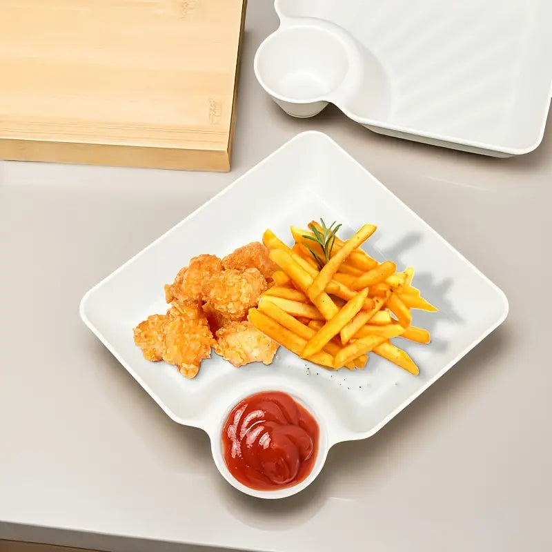 🍟 4-Piece Snack Plate Set with Built-In Dipping Sauce Bowl