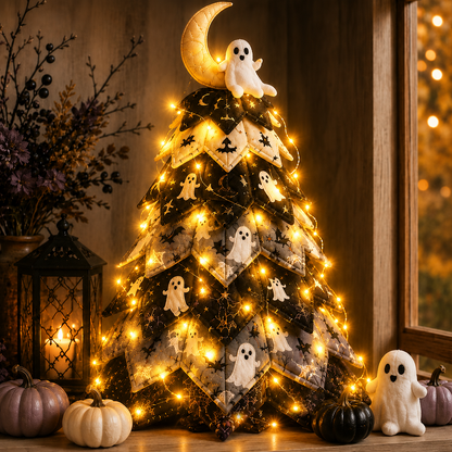 🎃✨ Lighted Halloween Quilted Fabric Tree – Cozy Handmade Glow Decoration
