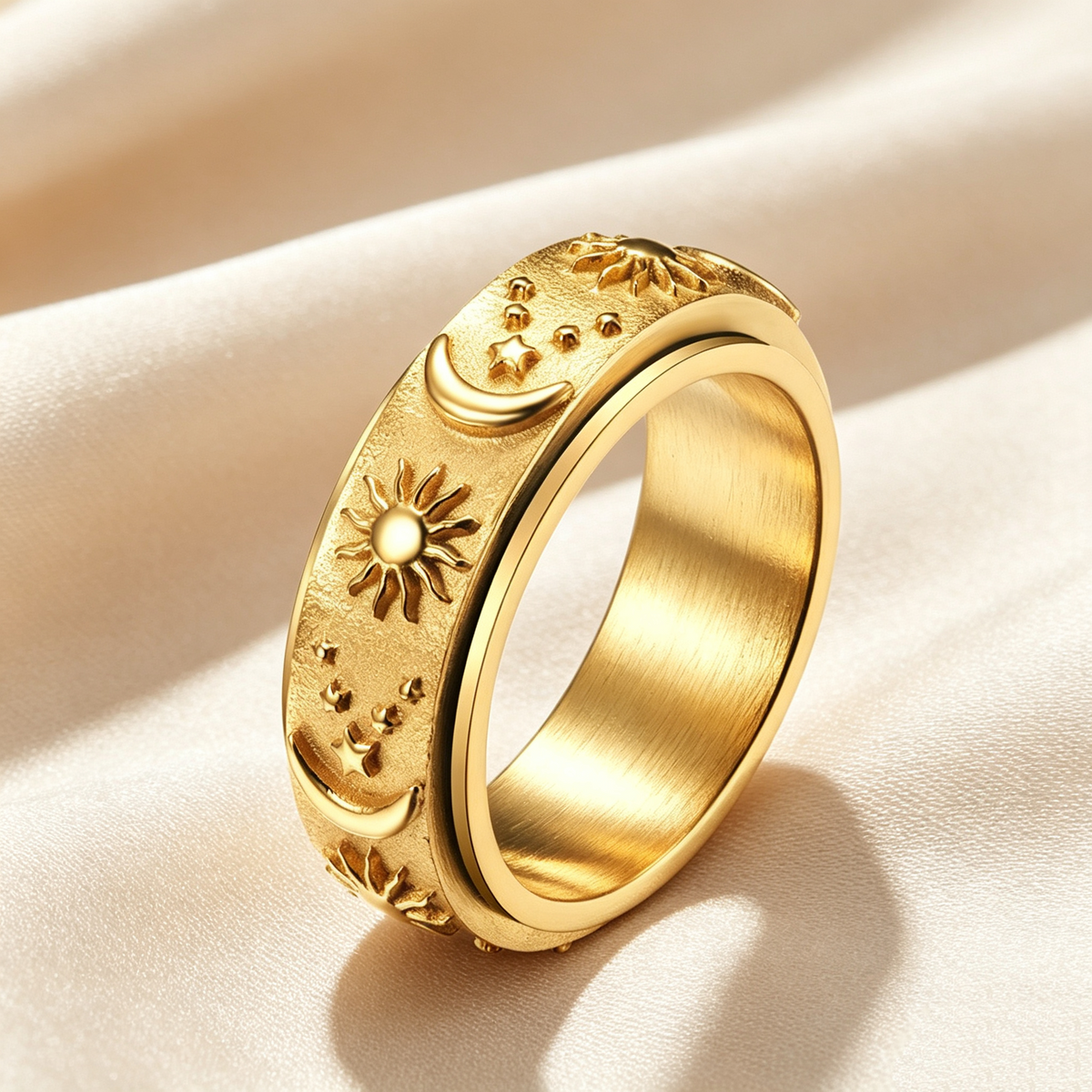 Sun‑Moon‑Star Embossed Rotating Spinner Ring Collection