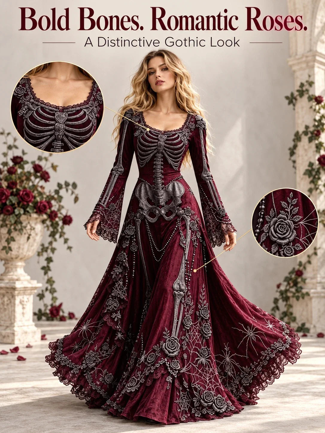 Gothic Skeleton Maxi Dress for Halloween | Bell Sleeve 🕸️