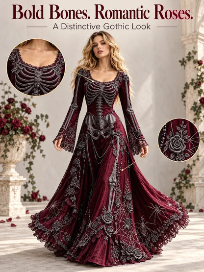 Gothic Skeleton Maxi Dress for Halloween | Bell Sleeve 🕸️