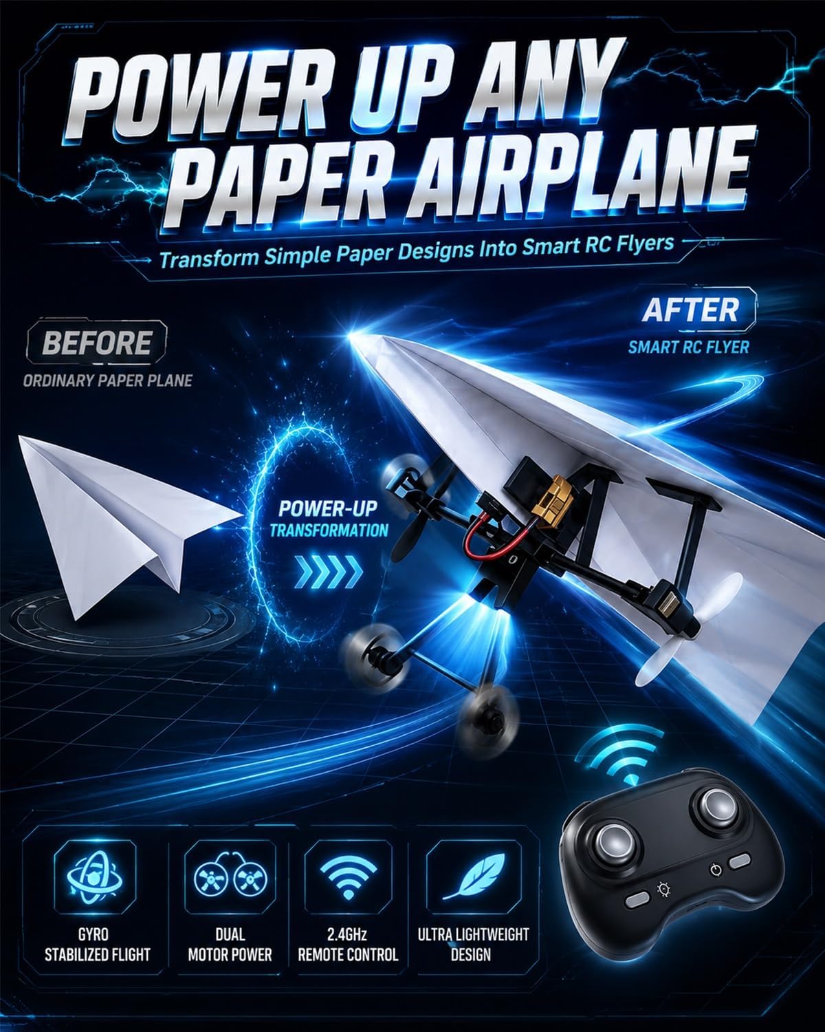 Up RC Paper Airplane Kit with Gyro Stabilizer – DIY Electric Remote Control Plane with Dual Propellers, Lightweight Foldable Flying STEM Toy