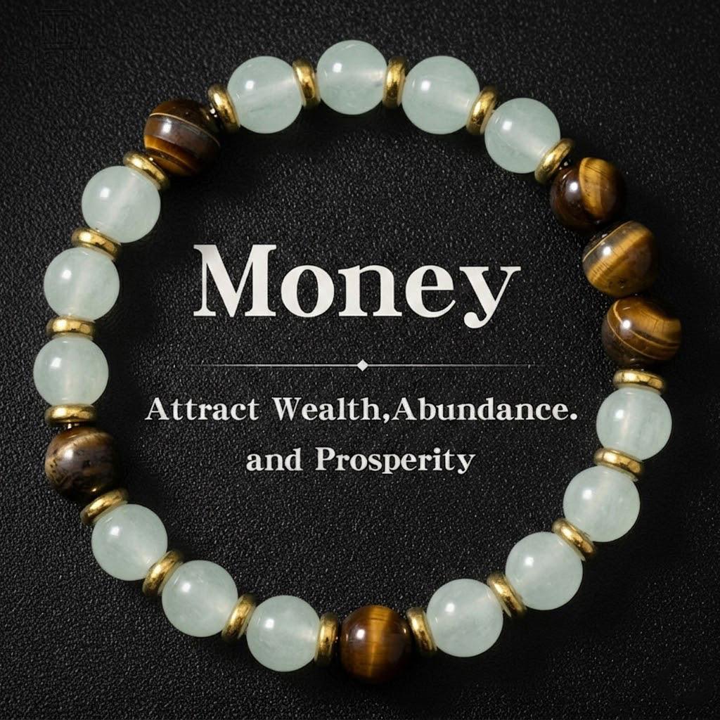 💙 Money Attraction Green Aventurine & Tiger Eye Elastic Crystal Bracelet for Men Women, Friendship Daily Wear
