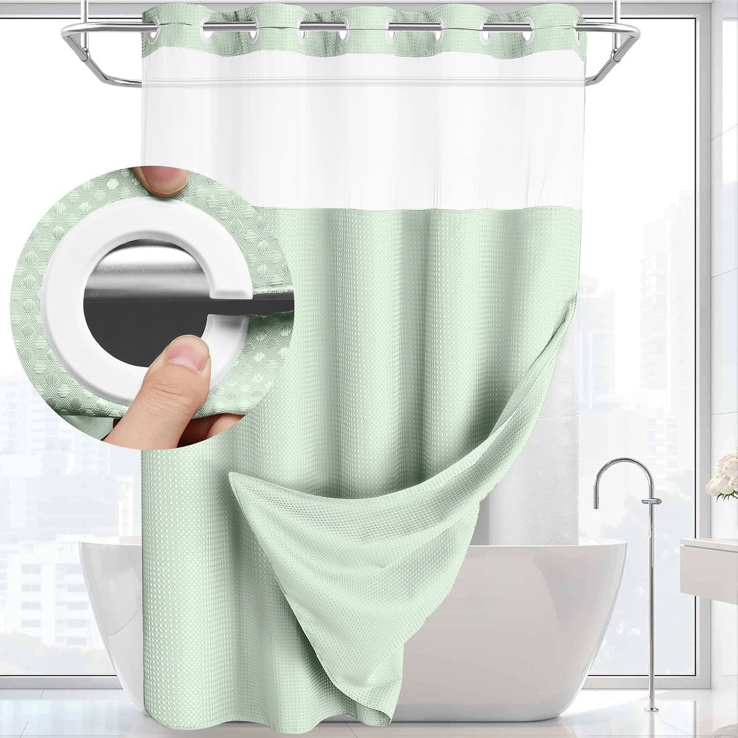 Hookless Shower Curtain with Snap-in Liner – Waterproof Double-Layer Design – Fabric Curtain with Waterproof Liner (White)