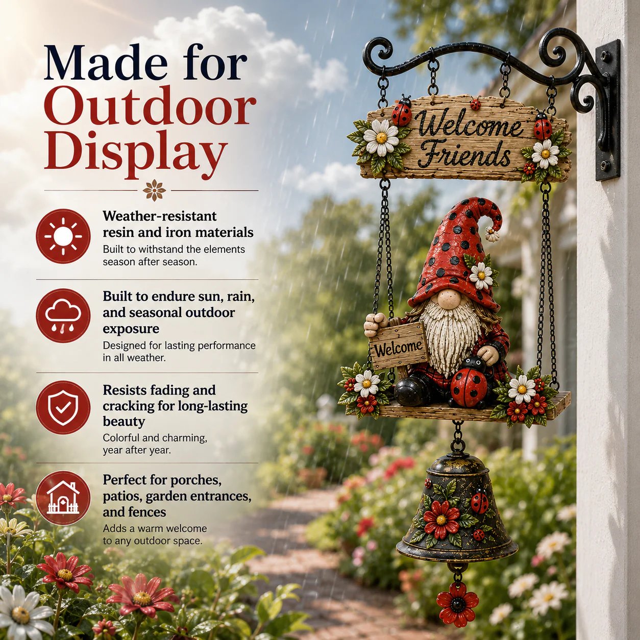 🐞🌼Rustic Garden Gnome Bell Outdoor Decor