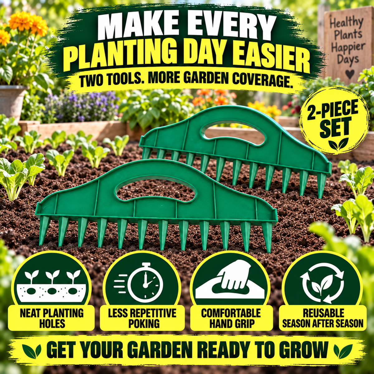 🌱 Garden Seed Spacing Tool – Multi-Row Soil Dibbler & Furrow Maker
