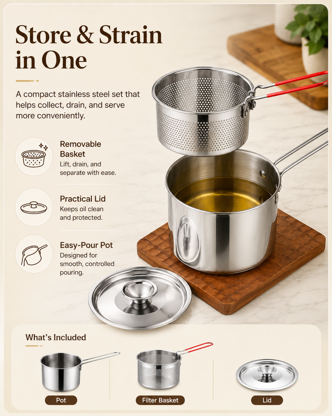 🍳Stainless Steel Deep Fryer Set - 1-Person Mini Pot with Fry Pot, Filter Basket & Food Clip