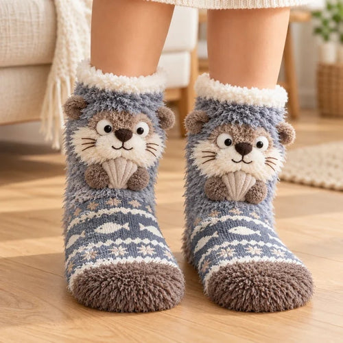 🦊🐦 Cozy 3D Animal Fuzzy Slipper Socks – Cute & Warm House Socks 🦦🦉