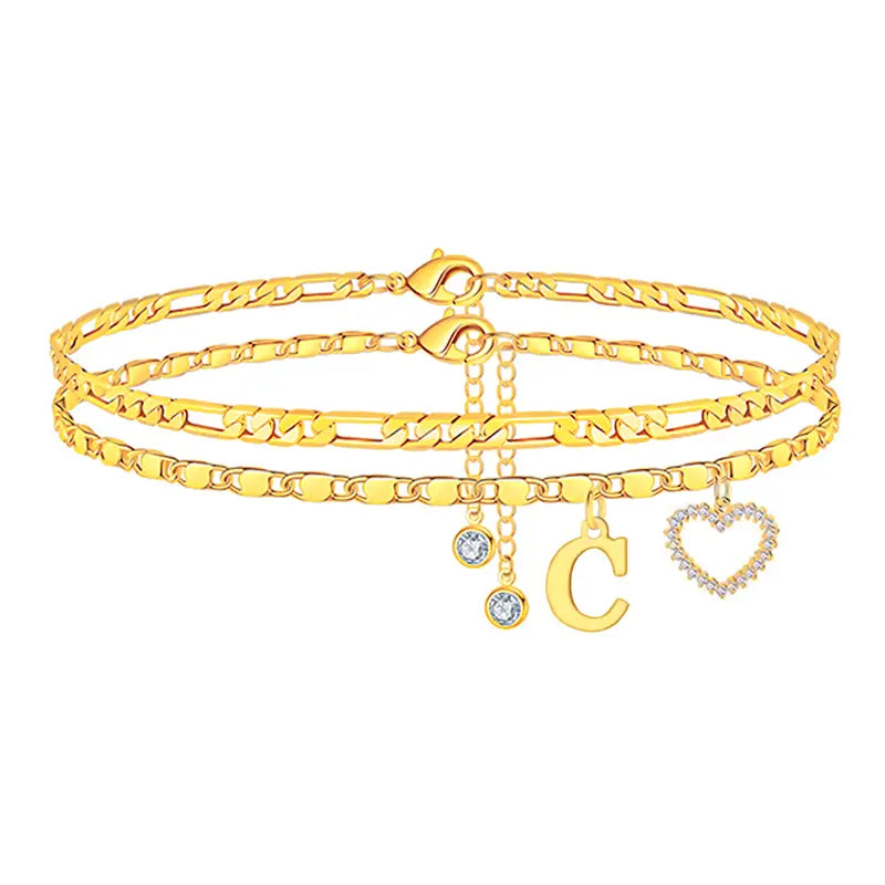 🎁 14k-Gold Plated-Double-Layer 26-Letter-Tone Chain Heart-Shaped Anklet with a heart-shaped pendant