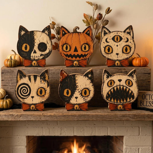 Vintage Halloween Decor - Halloween Cat Wooden Block for Cat Lovers