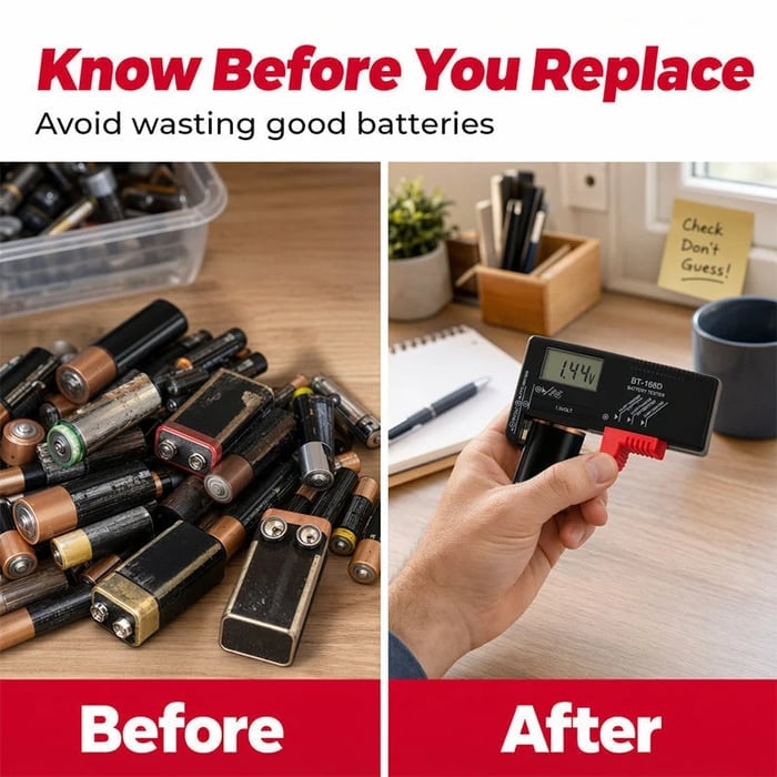 Digital Battery Checker – Large LCD display shows exact remaining power. Compact & portable – test before you toss! 🧪💪