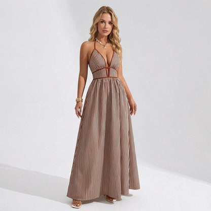 🔥2026 NEW ARRIVAL🔥Women's Elegant Pinstripe Deep V Neckline Adjustable Halter Maxi Dress