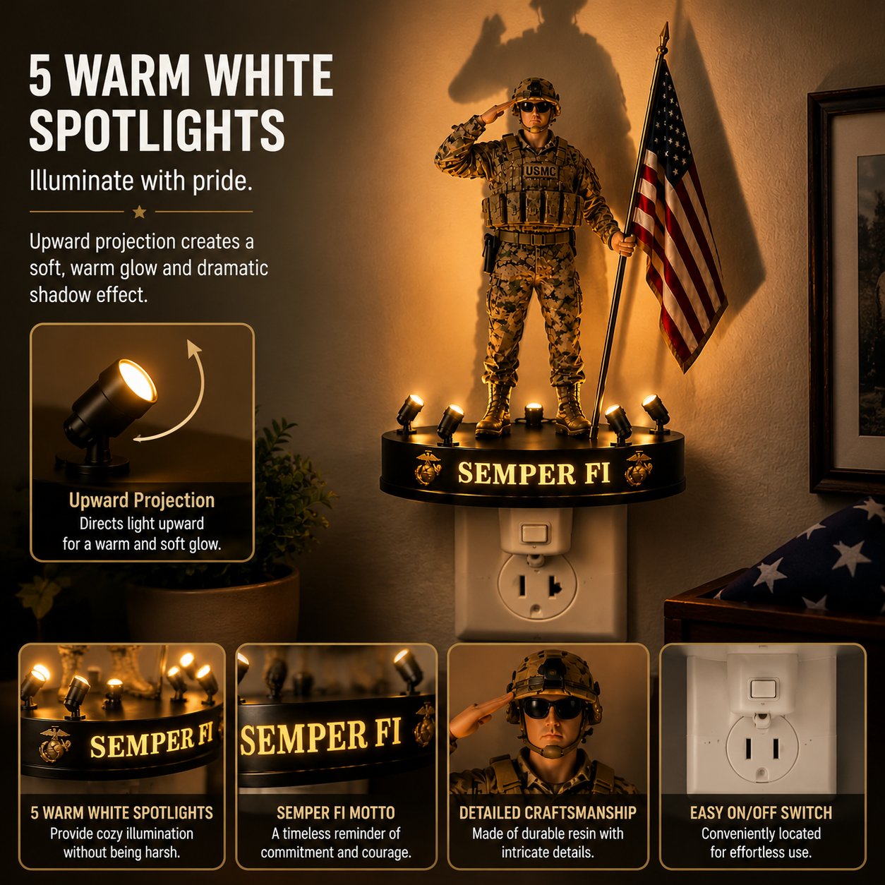 🎖 USMC Semper Fi Saluting Soldier Statue Lamp