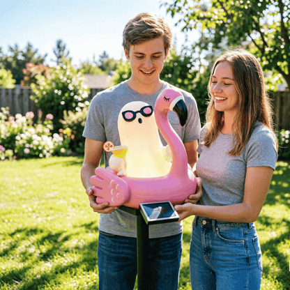 Solar Halloween Ghost Garden Stake Lights — Cute Ghost with Sunglasses in Pink Flamingo Pool Float Outdoor Decor, Waterproof Solar Powered Pathway Landscape Lighting for Yard, Lawn, Patio Gift