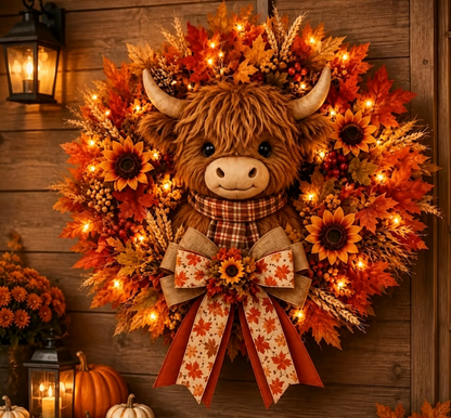 🍁🐮 Today Only 49% OFF🔥 Autumn Highland Cow Wreath | Charming Front Door Decor for Fall