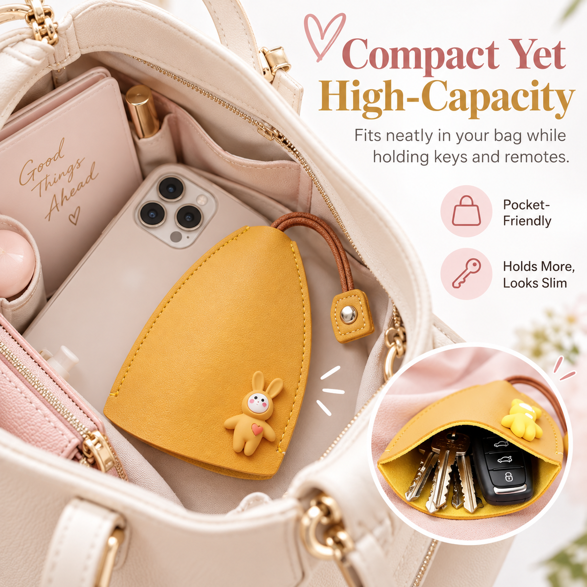 Cute Cartoon Pull-Out Leather Car Key Pouch & Organizer 🐰✨