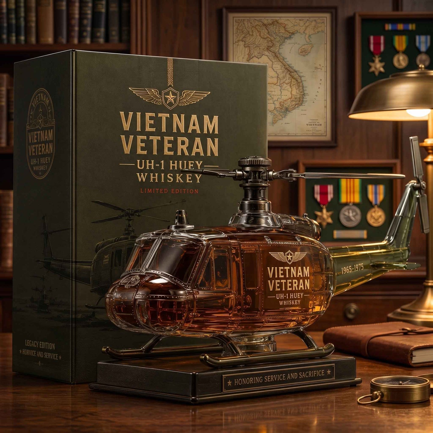 🚁Vietnam Veteran UH-1 Huey Helicopter 1965-1975 Whiskey Bottle