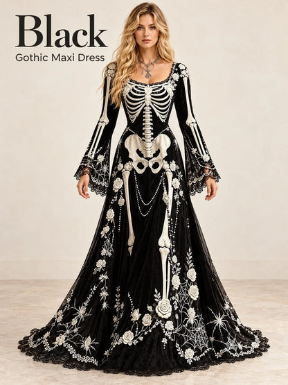 Gothic Skeleton Maxi Dress for Halloween | Bell Sleeve 🕸️