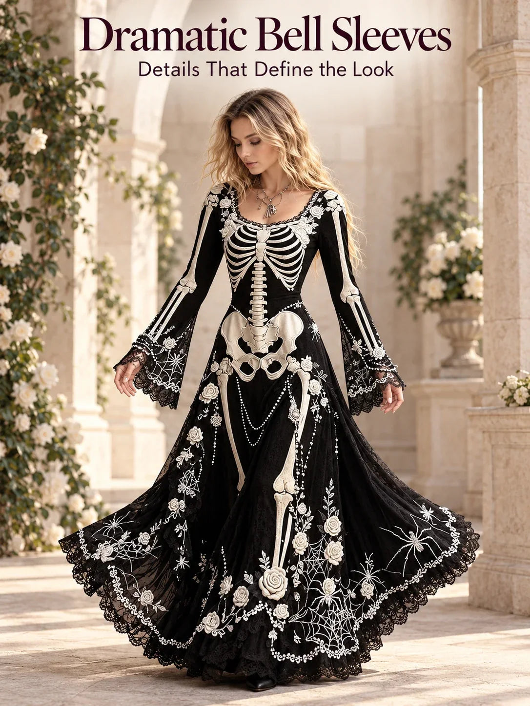 Gothic Skeleton Maxi Dress for Halloween | Bell Sleeve 🕸️