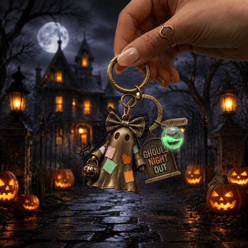 Ghouls Night Out Halloween Ghost Keychain — Pastel Enamel Patches & Lace Bow Bag Charm, Vintage Bronze Stay Spooky Tombstone Key Ring with Glow-in-the-Dark Potion Bottle