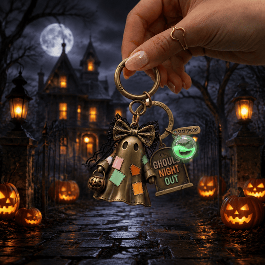 Ghouls Night Out Halloween Ghost Keychain — Pastel Enamel Patches & Lace Bow Bag Charm, Vintage Bronze Stay Spooky Tombstone Key Ring with Glow-in-the-Dark Potion Bottle