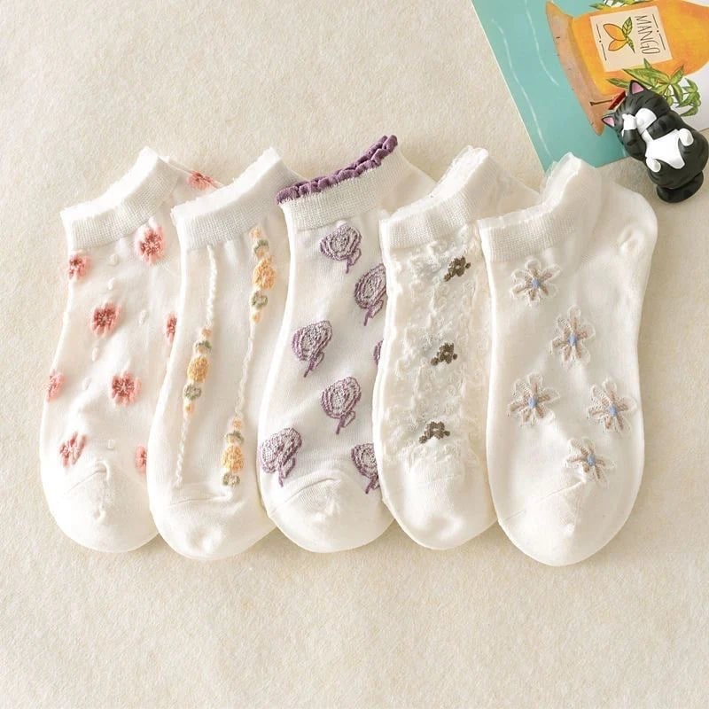 🔥Buy More Save More🔥7 Pairs Womens Sheer Floral Mesh Ankle Socks