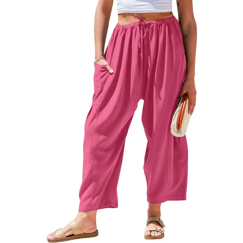 Womens Polyester Wide Leg Pants Casual Loose Fit Beach Palazzo Harem Pants with Pockets Spring Summer Style