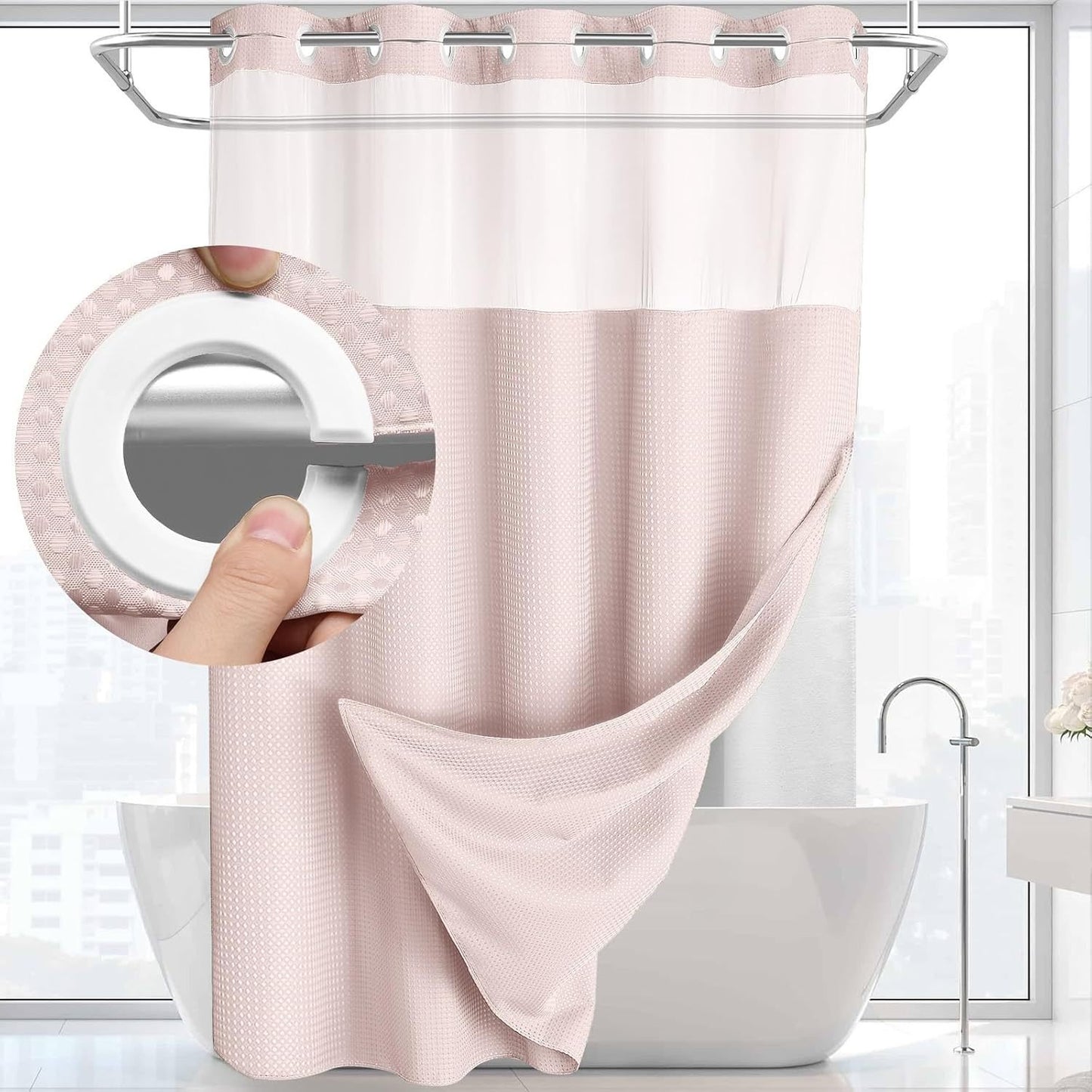 Hookless Shower Curtain with Snap-in Liner – Waterproof Double-Layer Design – Fabric Curtain with Waterproof Liner (White)