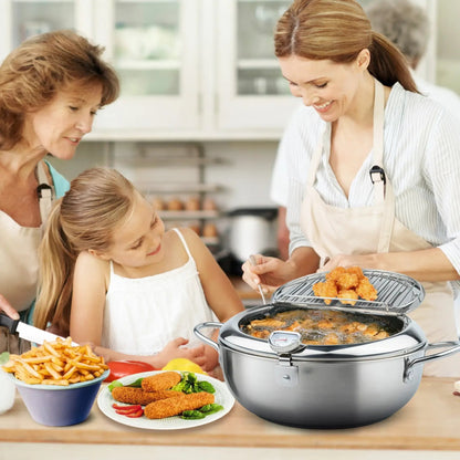 🥗Kitchen Essentials 🍳 304 Stainless Steel Deep Fryer Pot – Thermometer, Oil Drain Rack, Splatter-Proof Lid