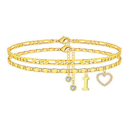 🎁 14k-Gold Plated-Double-Layer 26-Letter-Tone Chain Heart-Shaped Anklet with a heart-shaped pendant