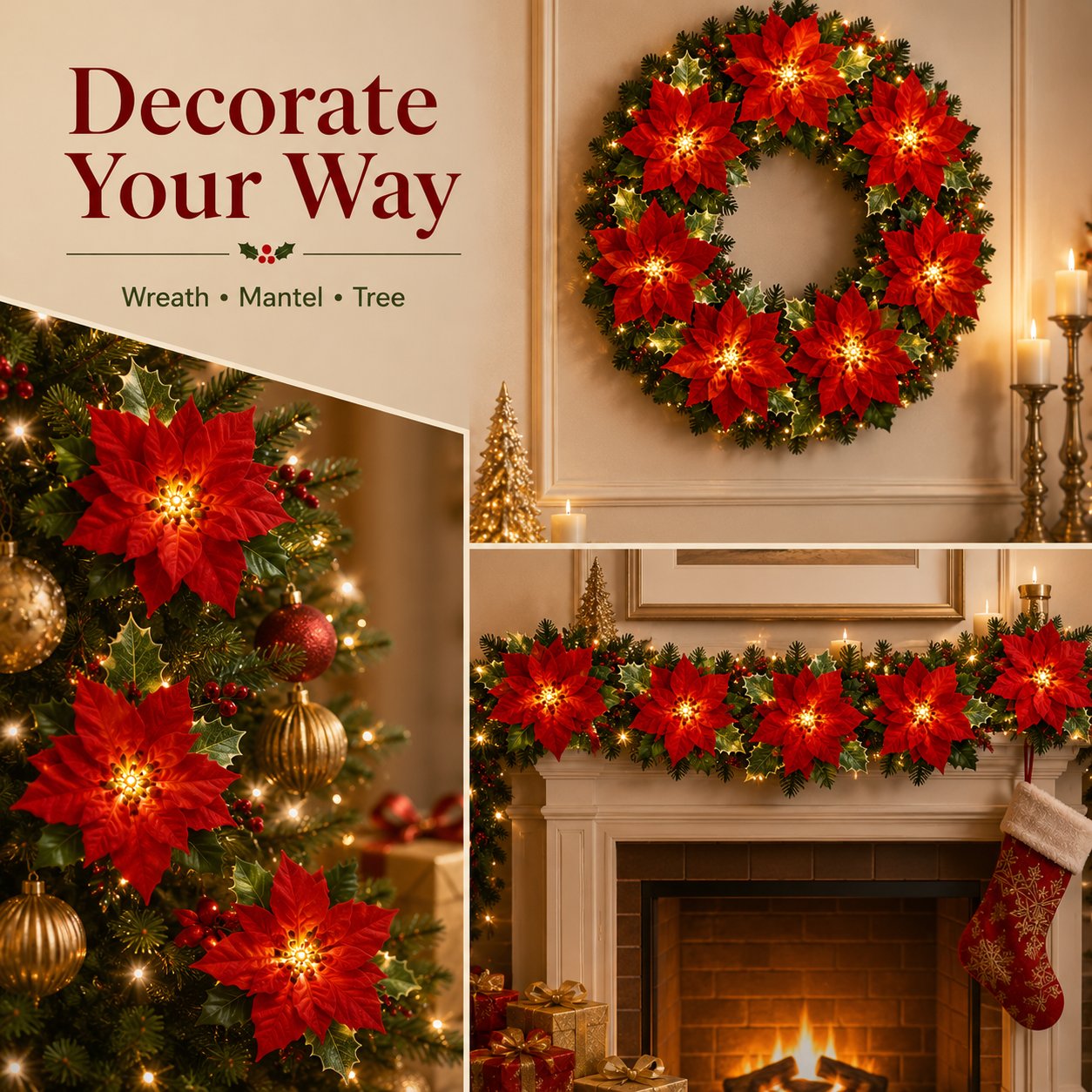 🎄✨ Christmas Poinsettia LED Garland String Lights
