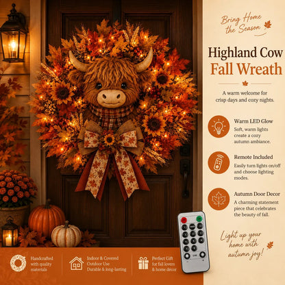 🍂🐮Autumn Highland cow wreath decoration with lights