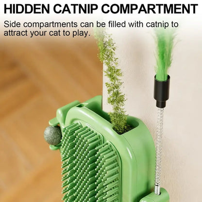 3-in-1 Cat Corner Groomer – Scratcher, Massage Brush & Catnip Toy