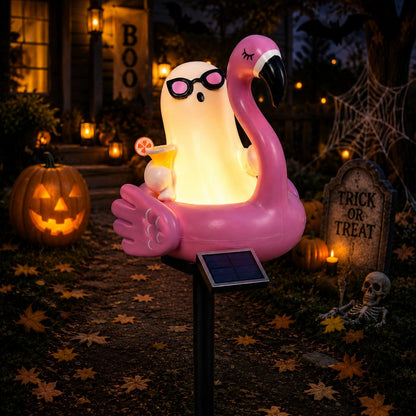 Solar Halloween Ghost Garden Stake Lights — Cute Ghost with Sunglasses in Pink Flamingo Pool Float Outdoor Decor, Waterproof Solar Powered Pathway Landscape Lighting for Yard, Lawn, Patio Gift