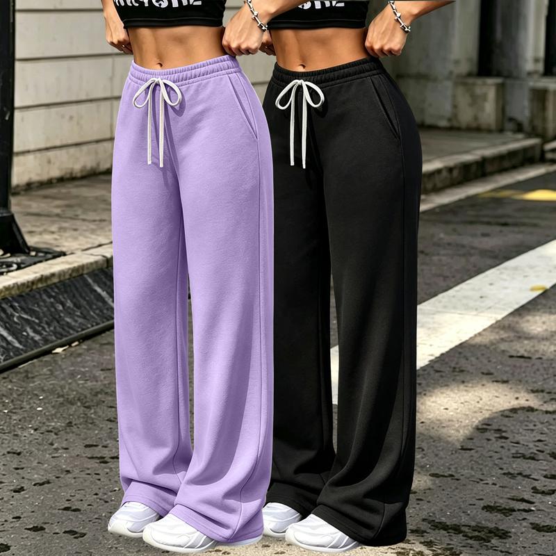 Purebeat Women's 2-Pack Fleece Elastic-Waistband Baggy Sweatpants - Wide-Leg Casual Chic Comfy Pants with Side Pockets, Solid Color Clothes, Elastic Drawcord, Machine-Washable Non-Sheer Fabric