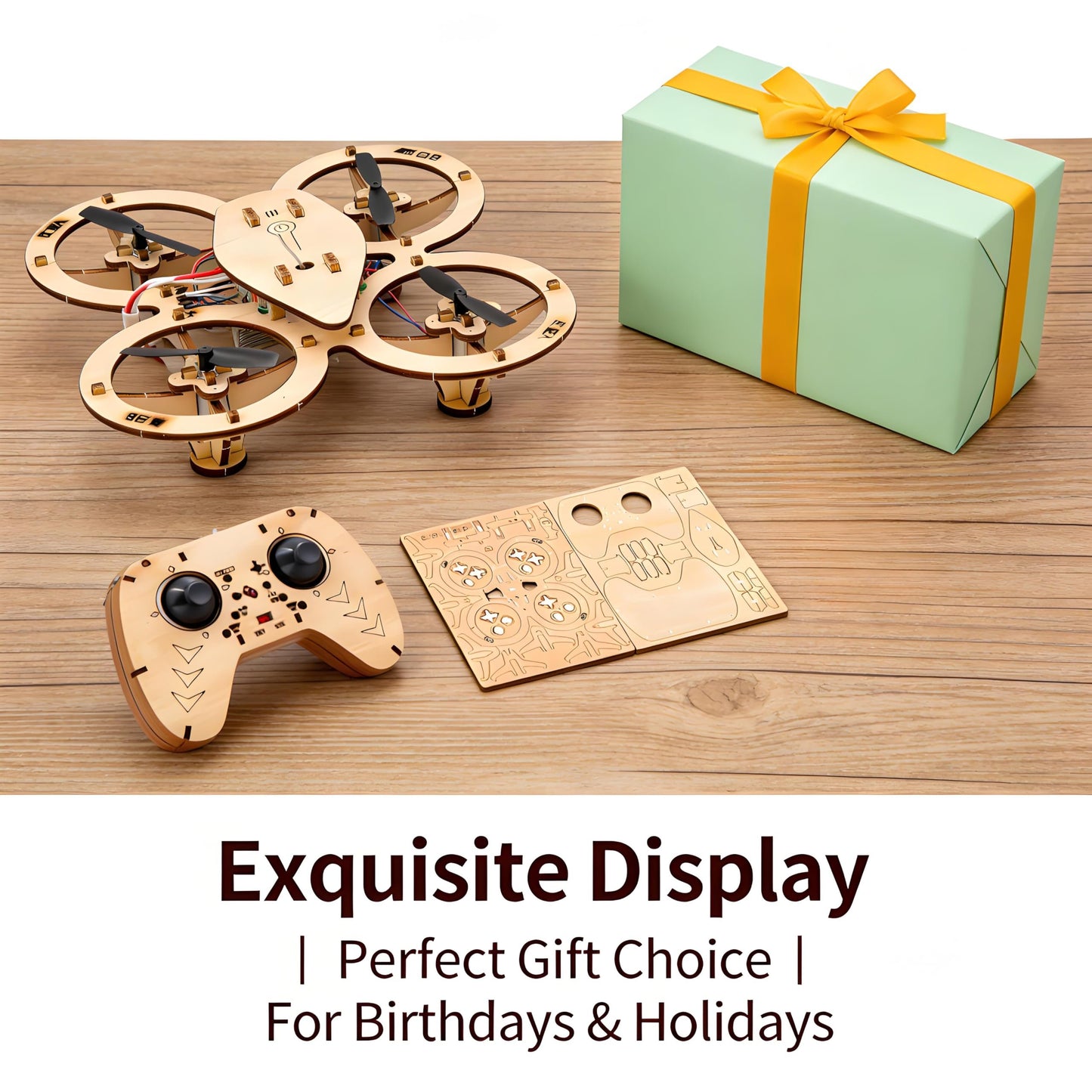 💥🏆Top Gift 2026 🎁 DIY Wooden Drone Assembly Kit, 2.4GHz RC Quadcopter with 360° Flip, Emergency Stop & Beginner Friendly Controls, STEM Building Toy for Teens & Adults
