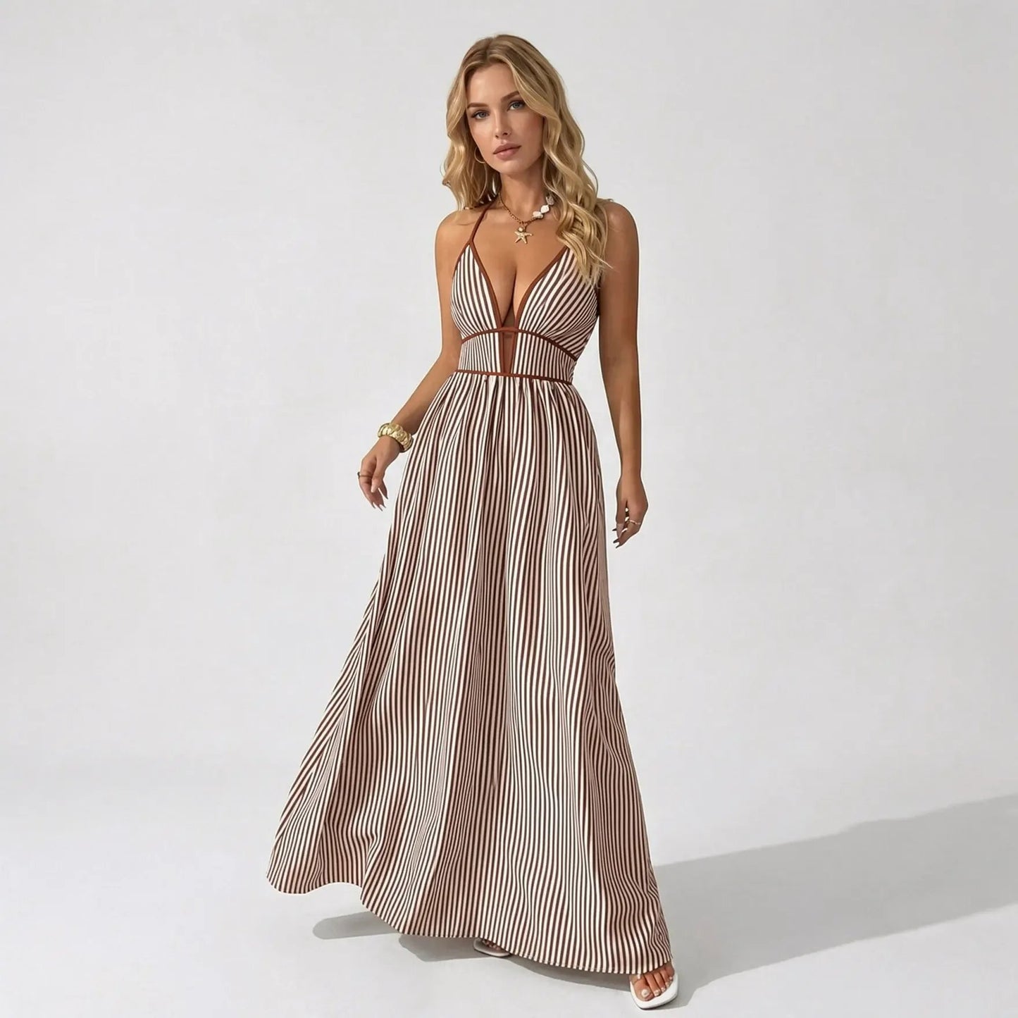 🔥2026 NEW ARRIVAL🔥Women's Elegant Pinstripe Deep V Neckline Adjustable Halter Maxi Dress