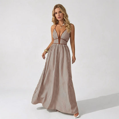 🔥2026 NEW ARRIVAL🔥Women's Elegant Pinstripe Deep V Neckline Adjustable Halter Maxi Dress