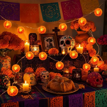 🎃 3M Day of the Dead Marigold String Lights, 20 LED Cempasuchil Flower Garland