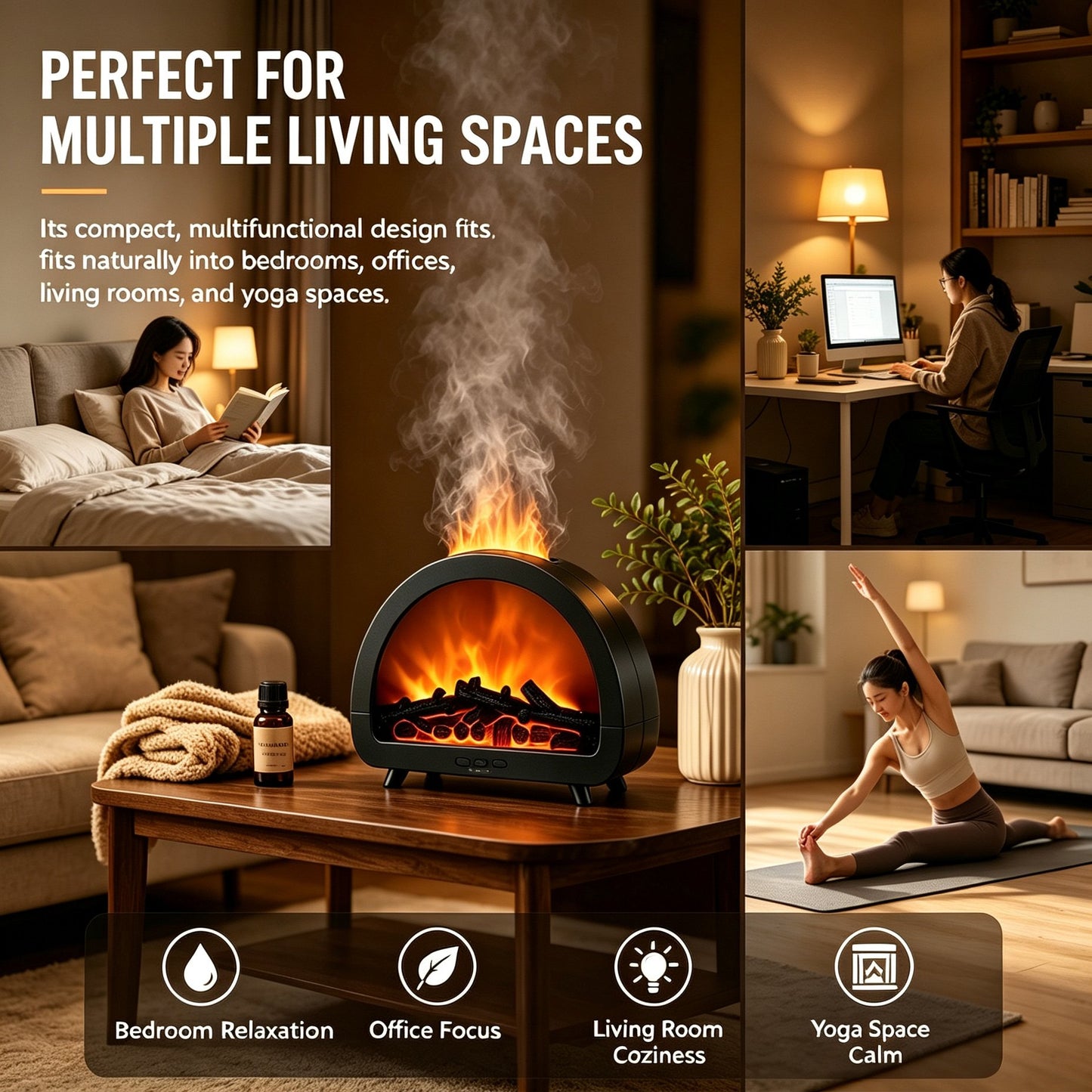 Fireplace Flame Essential Oil Diffuser - 7 Color Ultrasonic Aromatherapy Humidifier